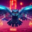 Placeholder: great illustrator, spanish, realistic rendering owl with metalic wings, red left eye, laced circuits, luminescent lights, bat flying, blade runner city, style, robotic bird flying. High details. 4k. unreal engine, dusk, red lasers in prospective, 70 degrees