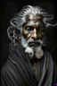 Placeholder: a photo of an Hindu man with ethnic jewelry, grey hair and grey flowing robe, in style of Annie Leibovitz, contemporary portrait of a mature yet beautiful and modernist man, black and grey, detailed masculine face, swirling fluid smokey enigma, award-winning artwork