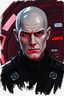 Placeholder: rough style painting of a star wars character, a charimatic and confident male umbaran. he has a shaved head. His skin is grey pale and his eyes are dark. He is in a dark and red spaceship room. He wears black imperial suit.