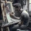 Placeholder: man in a art studio, realistic drawing