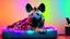 Placeholder: Fluffy Hyena sleeping comfy on a doggy bed, in a colorful and dimly lit gaming PC room, filled with neonlights, night time, atmospheric, detailed.