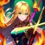 Placeholder: 8k, Girl, high quality, detailed, golden hair, green eyes, beautiful lighting, vibrant colors, fire sword