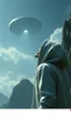 Placeholder: The creature from the the movie Prometheus with white hooded clothes looking up at ufo in the sky 3-2 view