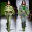 Placeholder: Women model catwalk wearing cargo jeans with patch with twill armor jellow and green