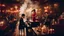 Placeholder: photo from an (authentic American jazz pub 60s style), a ((man in hat and dark suit playing on the piano)), and a beautiful (woman singing next to men in 60s fashion red dress), warm lights, cigarette smoke, wooden tables with guests, intricately detailed, sharp focus, cinematic