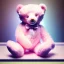 Placeholder: pastel pink teddy bear sitting on a store shelf alone surrounded by dust