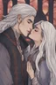 Placeholder: A couple from the dnd game curse of Strahd kissing. She has white hair he has long black hair. Romantic, sweet, loving, possessive, protective, kiss