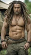 Placeholder: dirty gipsy muscular beefy, manly man serious, 34 years old, sleeveless tank top, beefy, ugly, unshaven, big belly, dreadlocks, in a Rom camp, bulging boxer, Hyperrealistic, photographic