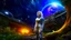 Placeholder: A full-body photorealistic image of an adventurous older woman from the future, dressed in a tailored, full-body spacesuit, stands proudly beside her huge cargo spaceship, no wings, standing on a metal box. Her untidy, blond hair has bangs, standing in a jungle clearing. The scene is framed by a cosmic expanse of stars and nebulas.