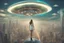 Placeholder: beautiful woman riding flying saucer over future alien city
