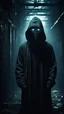 Placeholder: Si-Fi, a hooded man , Dr. Moreau Prison, atmospheric lighting effects, intricate industrial details, moody atmosphere, eerie grimdark ambiance, complex motherboard accents, speculative fiction art. Bokeh