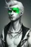 Placeholder: plauge doctor in balck leather clothes with silver hair, pale skin and bright green eyes smiling with sharp teeth, nice young face