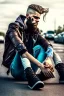 Placeholder: a very sad hurt swedish motorcycle young gang man with beard, he is covered all the body with bandage and are in deep pain, bandage all over him, cripple, lying on the floor