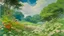 Placeholder: An illustration by Monet and Miyazaki of a landscape of blooming flowers and lush vegetation.