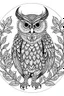 Placeholder: a wise owl in a charming European woodland, clean line art, monochrome, for kids coloring book, white background