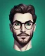 Placeholder: Fit man in round glasses, wavy hair, stubble, slim, tie, monotone, green eyes, comic book style, two tone colours, detailed, ink, realistic, handsome, square jaw, big brows, no jacket, bird on the shoulder, spotlight