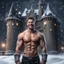 Placeholder: Hyper realistic Extremely Handsome shirtless muscular king smiling & Standing outside huge castle at dark & heavy snowfall night