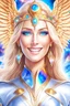 Placeholder: cosmic woman angels smile, admiral from the future, one fine whole face, crystalline skin, expressive blue eyes,rainbow, smiling lips, very nice smile, costume pleiadian, Beautiful tall woman pleiadian Galactic commander, ship, perfect datailed golden galactic suit, high rank, long blond hair, hand whit five perfect detailed finger, amazing big blue eyes, smilling mouth, high drfinition lips, cosmic happiness, bright colors, blue, pink, gold, jewels, realist, high commander,ufo rainbows