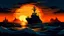 Placeholder: game menu with a big destroyer in the sea against the backround of an orange sunset among the dark blue sky