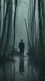Placeholder: A swamp surrounded by bamboos long trees in cloudy, depressing, foggy, with a dim of light in the distance , on the side an abandoned old hose covered with leaves. A back view of a very tall skinny man in black turn his head to you with open eyes and mouth