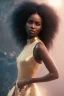 Placeholder: A black woman with long hair, fantasy setting, ethereal, soft lighting, curly hair, amber eyes