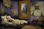 Placeholder: woman sleeping in bedroom having a night terror, nightmarish many legged creature crawling out of large framed picture haging above bed, surreal haunting landscape, horror art, mysterious sinister unforgettable, by Yves Tanguy, by Denis Forkas, by Stephen Grammell, expansive, oil matte painting, dark blue and dark violet and dark gold, volumetric lighting.