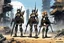 Placeholder: haiku by masamune shirow: post-apocalyptic desolated city. Three bioroids: death, dust, and rust. Carrying rifles, blades, clubs, missiles.