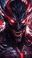 Placeholder: an anime style picture of an evil black demon with red eyes and fangs, the background is dark and chaotic, the atmosphere in the scene is full of fear, anime artstyle, vibrant colors, high contrast, dark shadows, closeup view of character's face, glowing white energy around him, red lightning effects, sharp details, expressive lines, detailed textures on skin