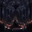 Placeholder: a shadowy throne room adorned with eerie candles and tattered tapestries, where a powerful vampire queen sits upon her throne, surrounded by loyal subjects and lurking threats.