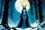 Placeholder: create a wildly conceptual full body illustration of sorceress in an ethereal, otherworldly , darkened, ancient winter forest , in the comic book art style of Bill Sienkiewicz, Mike Mignola, Sparth, and Jean Giraud Moebius, finely drawn, colored and inked, suffused with dramatic natural light and shadow under a midnight blue moon