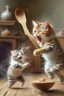 Placeholder: mother cat chasing baby cat with wooden spoon eating cake with wooden spoon