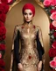 Placeholder: Luxury potrait of a beautiful super model hijab beauty makeup cosmetic,she wearing islamic a luxurious details pattern color gold and black casual jacket with designed large flower details that resemble roses.The dress has an asymmetrical design with one sleeve and a flowing skirt.background of the image shows a red carpet event with floral decorations,close-up portrait