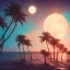 Placeholder: 1980's vaporwave aesthetic palm trees with lightning with lunar eclipse moon crescent in the ocean waves sunset