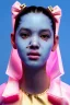 Placeholder: Ultra Realistic image, Rosalía artist, portrait, normal complexion, portrait, two bows with chopsticks hair , black eye long line, sweet face, t-shirt with holes, inflatable open coat, gold pink and blue style, spray line glow make up, big geometric led jewelry, fog, hot, inflatable style latex coat, vibrant color, highly detailed, art stations, concept art, smooth, unreal engine 5, god rays, ray tracing, RTX, lumen lighting, ultra detail, volumetric lighting, 3d, finely drawn, high definitio