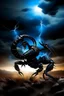 Placeholder: Black Scorpio emblem on a burning landscape background With its Tail curled up behind his back ready to strike and from claws grasping under a storming sky with blue lightening striking around it