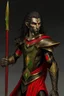 Placeholder: full length, montia, black red with gold lines, holding a spear in his hand