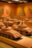 Placeholder: A light rosy orange colored battlefield with tanks designed in African pottery painted by Paul Klee