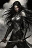 Placeholder: SA female elf with skin the color of storm clouds, deep grey, stands ready for battle. Her long black hair flows behind her like a shadow, while her eyes gleam with a fierce silver light. Despite the grim set of her mouth, there's a undeniable beauty in her fierce countenance. She's been in a fight, evidenced by the ragged state of her leather armor and the red cape that's seen better days, edges frayed and torn. In her hands, she grips two daggers, add dark shadow mystic purple flames