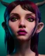 Placeholder: art of a short Succubus girl with black ram horns and deep red hair and green eyes, soft lighting, complimentary pastel gradients, high definition, 3d icon clay render, blender 3d