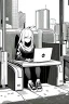 Placeholder: hacker girl use a laptop sitting in a public cafe, line arts, greyscale