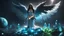 Placeholder: angel with a wings siting on the blue monolith made of blue tiberium crystals of lights, matrix universe, planets on the back grounds, green crystals of tiberium on the life and right