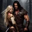 Placeholder: muscular male mountain man with long dark hair with a petit female long blonde hair, dark fantasy,