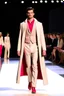 Placeholder: A guy on a fashion runway with Superman elegant Clothes in neutral colors