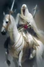 Placeholder: An Arab warrior holding two swords, sitting on horseback, wearing a white robe, strong, mysterious, frightening, fantasy, high quality