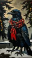 Placeholder: An oil painting by Miyazaki and Matisse of a human-like crow adorned in a punk leather jacket within a snowy Christmas atmosphere.