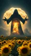 Placeholder: A field of random sunflowers with bright lighting , at the end of the picture is a dark with stars sky background the universe with a huge nuke explosion behind the explosion a very large open arms dark scary shadow of a black hooded creature