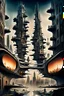 Placeholder: a stunningly weird image of a futuristic metropolis using Salvador Dali's paranoiac-critical method, where buildings and structures appear to melt into the skyline cityscape is filled with floating mad, twisted sharp metal shapes that interact with the buildings and each other, forming a surreal tableau of a dreamlike reality. neu-steampunk vibe, essence of the scene in a cinematic manner, with dramatic shadows that enhance the distorted perspectives and bizarre