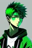 Placeholder: Anime young man with green hair wearing a black hoodie realistic