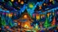 Placeholder: a neon psychedelic cabin all alone in the vast wilderness. smoke coming from the chimney. mushrooms scattered all around the cabin! rare animals around and a gorgeous neon sky. millions of tiny stars in the night sky. a cozy warm feeling. Gnomes, bears, owls, fox.neon streaks across the nebulous sky. a campfire surrounded by mushrooms and Fairys. fireflies all around glowing.