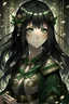 Placeholder: 1girl, anime, black hair, green eyes, fantasy clothing, full size